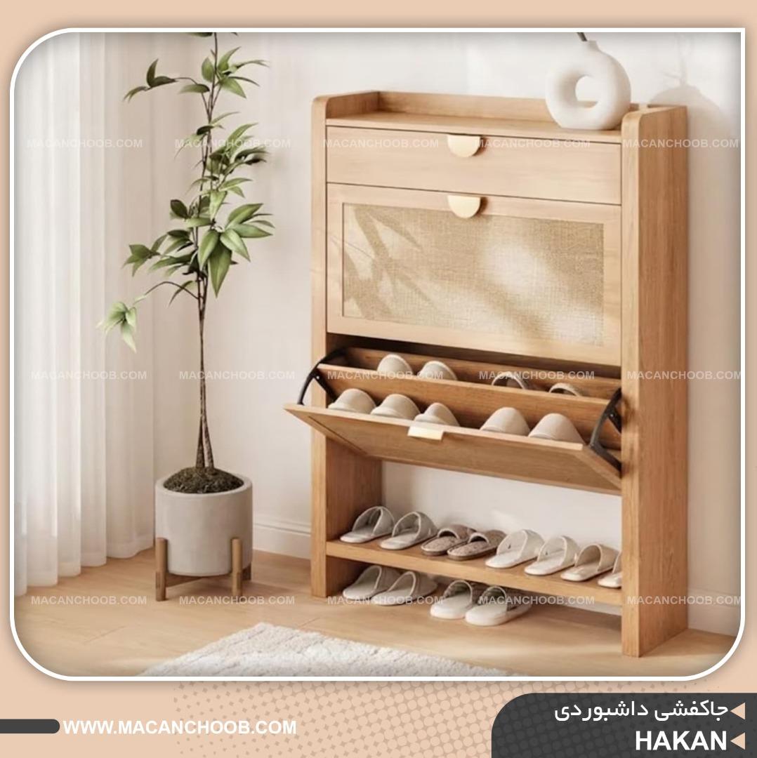 جاکفشی چوبی داشبوردی با درب های حصیر بامبو مدل HAKAN